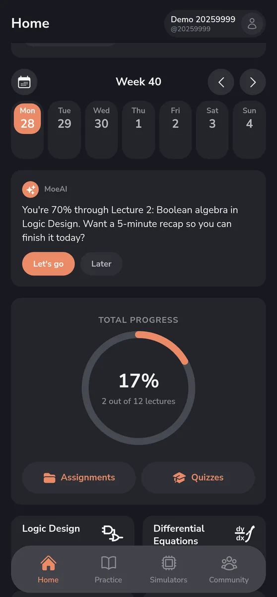 Home, with the week and progress