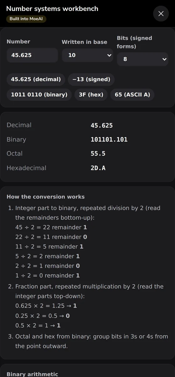 The number systems workbench converting 45.625 between bases